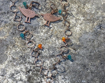 Birds and Crystals Necklace on Copper Chain