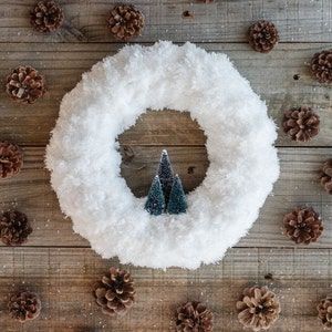 White Fluffy 10" Holiday Winter Christmas Wreath with Mini Trees for Door Wall Mantle Rustic Farmhouse Home Decor Gift