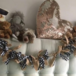 Rustic Farmhouse Black and White Buffalo Check and Burlap Rag Garland 6 Ft (Custom Orders/Large Quantity Orders Available)