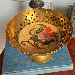 Vintage Brass Decor Pedestal Bowl with Flower Design