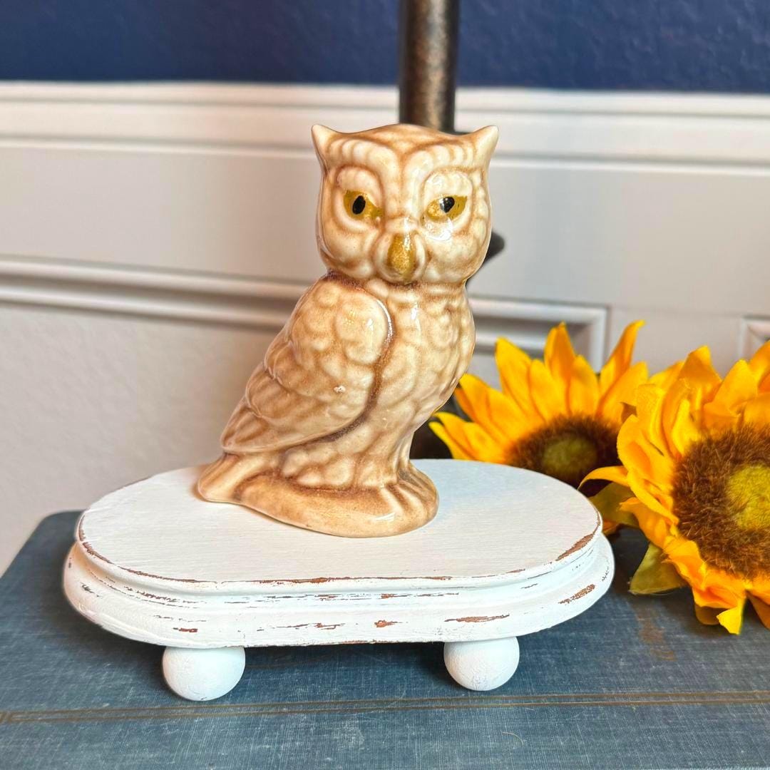 Vintage Ceramic Owl Figurine &ndash; 4" Tall, Brown & White, Handcrafted Collectible