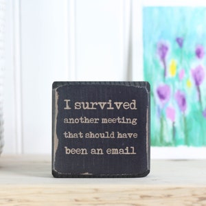 Small wood sign (3"x3"), Shelf or desk accessory, Funny gift for boss or coworker, I survived another meeting that should have been an email