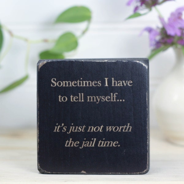 Small desk sign with funny saying 3x3", Sarcastic gift, Office decor, Dorm decor, Stupid people, Sometimes I have to tell myself...jail time