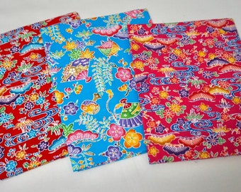 Japanese cotton fabric - Set of 3 Okinawa Bingata Sho Chiku Bai printed cotton fabric bundle