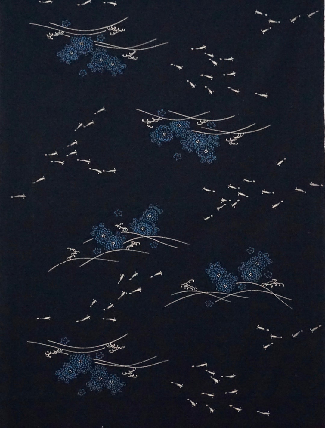Vintage Japanese Kimono Fabric Indigo Swimming Medaka Cotton Yukata ...