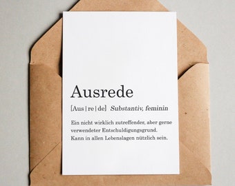 Designkarte "Wörterbuch: Ausrede" / Grußkarte / Postkarte / Geschenkkarte / Kunstdruck