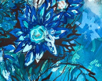 Flower Study in Blues, original Ink painting mounted ready to frame 16” x 12”