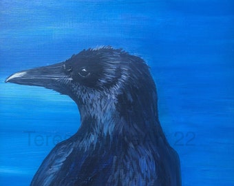 Crow, original acrylic painting on paper 16” x 12”, framed