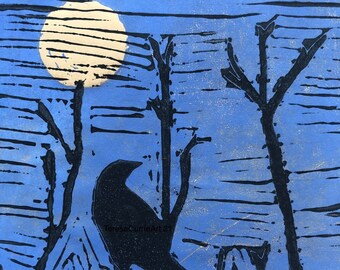 Krähe Mond, Linoldruck, fertig zum Einrahmen, 26 cm x 20 cm