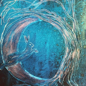 La lepre della luna e il biancospino, stampa digitale in edizione aperta rifinita a mano su carta da acquerello, A4, senza cornice