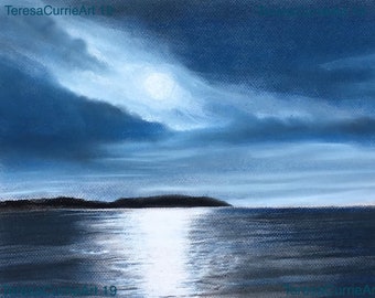 Moonlight, original soft pastel and charcoal painting, mounted ready to frame 18” x 14”