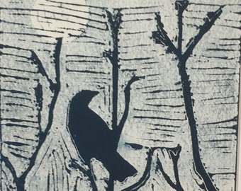 Crow Moon, Original Linocut Print, 12” x 10” mounted ready to frame