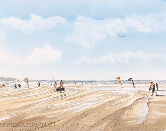 Penhale Sands, peinture à l’encre et à l’aquarelle sur papier 15 » x 11 » non encadré