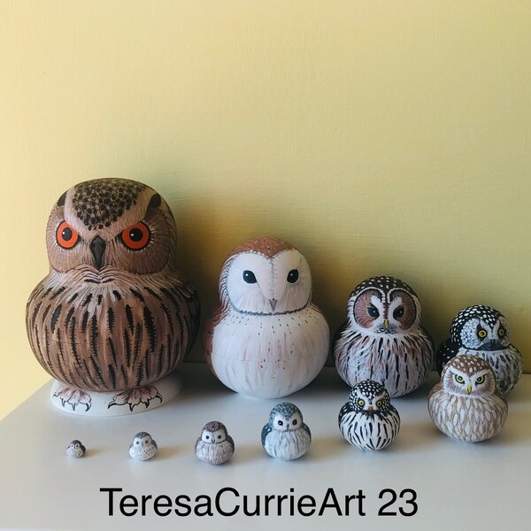 Owl Nesting Dolls, original and unique, hand  painted, set of 10 made to order