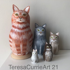 Unique Hand Painted set of 5 Cat Nesting Dolls, Made to Order