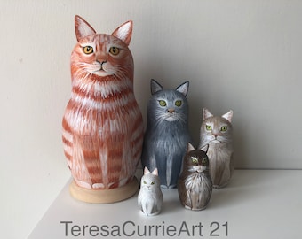 Unique Hand Painted set of 5 Cat Nesting Dolls, Made to Order