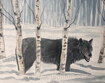 Lone Wolf Watercolor Painting, Original Ink Art, Winter Woods (16x12)