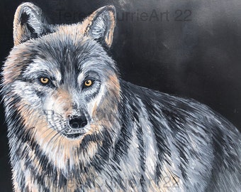 Grey Wolf, original acrylic painting on oil paper, mounted ready to frame 14” x 18”, Wildlife Art Original