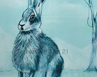 May include: A blue and white watercolor illustration of a hare sitting in a snowy field. The hare is facing the viewer with its ears perked up. The background is a light blue color with a tree in the background.