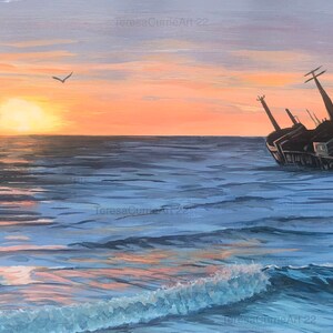 Sunrise and the Shipwreck, original acrylic painting on paper 18” x 14” mounted ready to frame