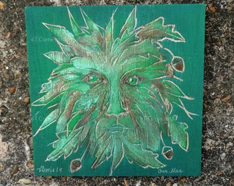 The Green Man, relief carved and hand painted on reclaimed wood, ready to hang