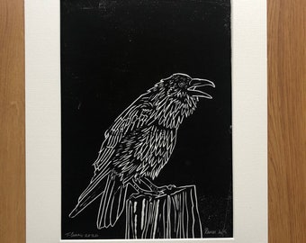 Raven Call, original hand pulled Linocut print limited edition,  Mounted Ready to Frame 14” x 11”