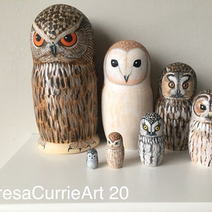 Unique hand painted set of 7 large Owl Nesting Dolls, made to order