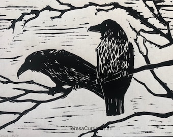 Crow Love, Original Linocut print on Awagami Botan Paper 12” x 8” Unframed