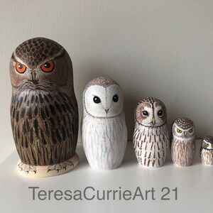 Original and unique Hand Painted Nesting Owls Set of 5