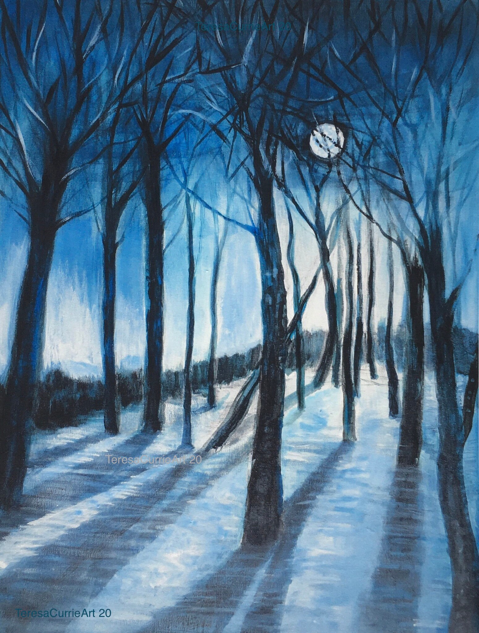 Moonlight Shadows, Digital Print 29.5cm x 21cm (A4) from original acrylic Painting on Canvas, Unique Wall Art, Tree Art, Moonlight Scene