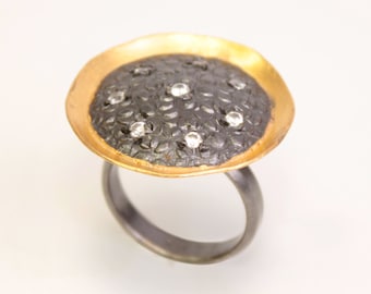 Two-Tone Sterling Silver CZ Ring: 24K Gold & Black Rhodium