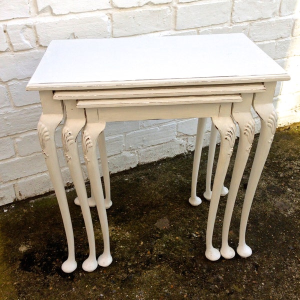 Upcycled Triple Nesting Tables in a Shabby Chic Finish Painted in "Strong White" by Farrow & Ball