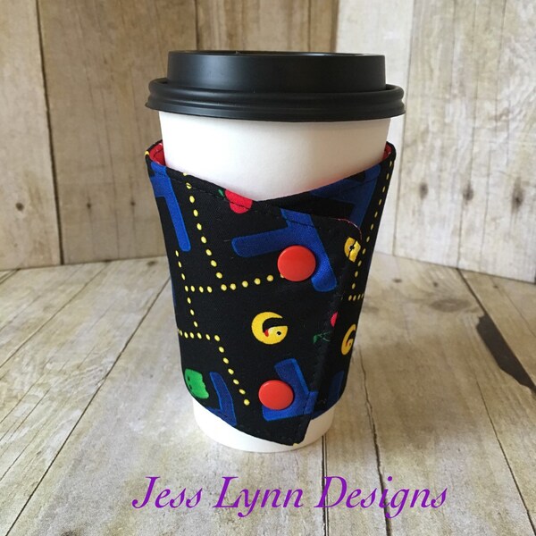 Pacman coffee cup  sleeve | Reusable coffee cup cozy | Reversible fabric cup wrap | Earth friendly gifts | Gifts for me | Retro gaming
