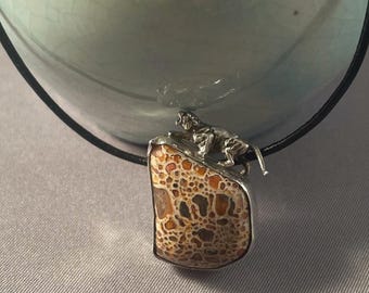 Tiger On The Mount Necklace: Solid Sterling Silver & Petrified Dinosaur Bone