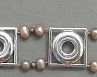 Solid Sterling Silver Open Hole Flute Key in Frame Bracelet with Fresh Water Pearls
