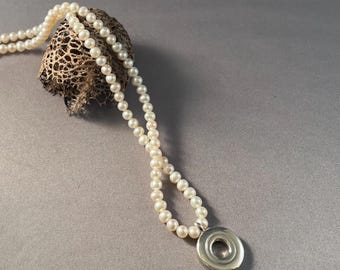 Solid Sterling Silver Open Hole Flute Key on Ivory 5mm Pearls Strand Necklace