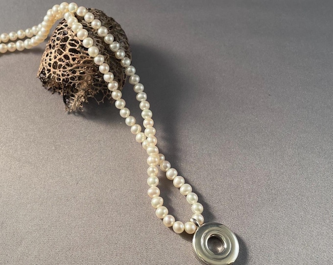 Solid Sterling Silver Open Hole Flute Key on Ivory 5mm Pearls Strand Necklace