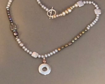 Multi-colored Fresh Water Pearl Necklace with Solid Sterling Silver Open Hole Flute Key