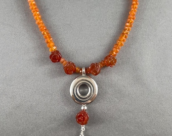 Stunning Open Hole Flute Key Necklace on Orange Carnelian Gemstone Strand with Roses - Sterling Silver Flute Jewelry