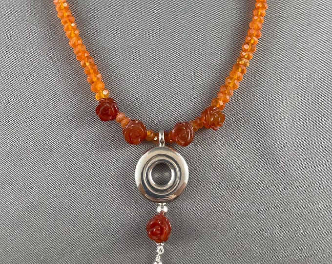 Stunning Open Hole Flute Key Necklace on Orange Carnelian Gemstone Strand with Roses - Sterling Silver Flute Jewelry