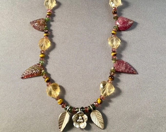 Flower and Leaf Necklace with Tiger's Eye, Watermelon Tourmaline & Citrine