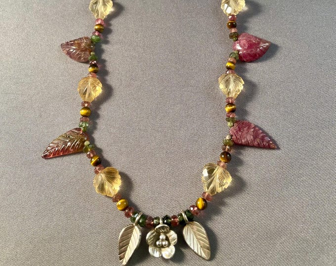 Flower and Leaf Necklace with Tiger's Eye, Watermelon Tourmaline & Citrine