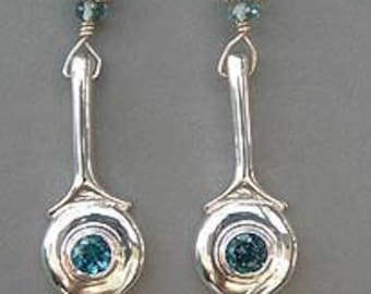 Solid Sterling Silver C-Key Flute Earrings with Gem Stones