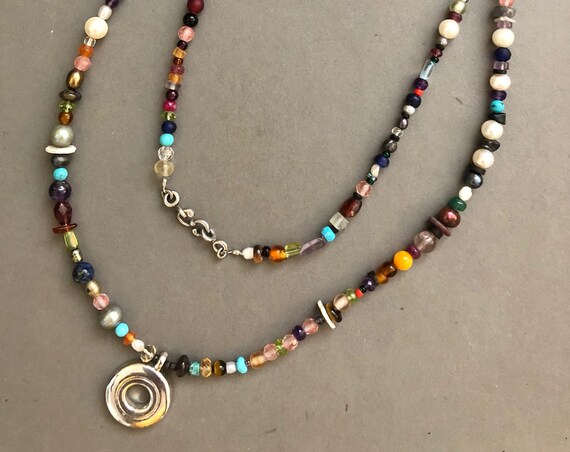 One-of-a-kind, Multi-Gem Open Hole Flute Key Necklace with Sterling Silver