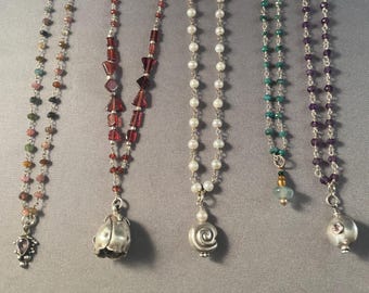 Twisted Gemstone Necklaces with Solid Sterling Silver & Gemstone Charms