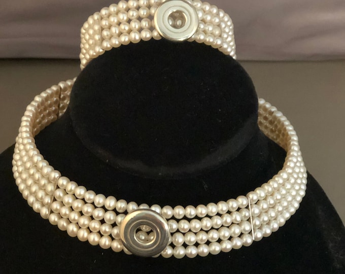 Four Strand Fresh Water Pearl & Solid Sterling Silver Open Hole Flute Key Choker and Bracelet