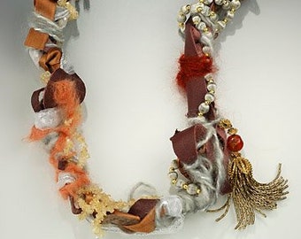 One-of-a-kind, recycled vintage necklace, Wound Treasures-Brown with Tassle