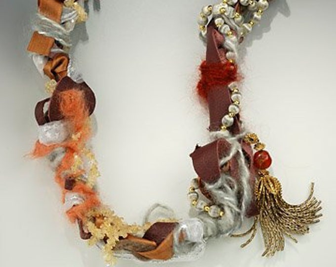 One-of-a-kind, recycled vintage necklace, Wound Treasures-Brown with Tassle