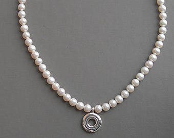 Solid Sterling Silver Open Hole Flute Key on Ivory 6.5mm Pearls Strand Necklace