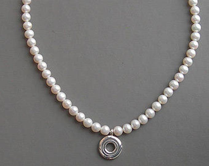 Solid Sterling Silver Open Hole Flute Key on Ivory 6.5mm Pearls Strand Necklace